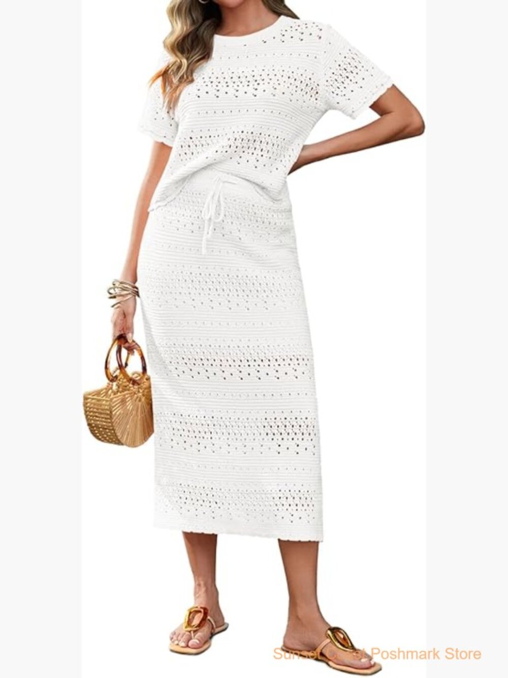 Crochet Cover Up Set Short Sleeve Knit Top Midi Skirt